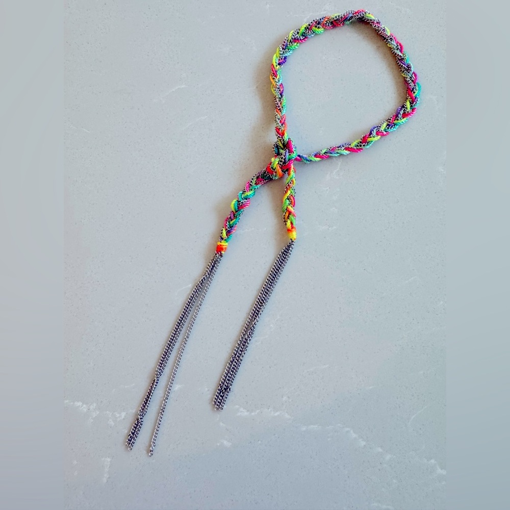 Braided multi coloured string with silver interwoven chain tie bracelet